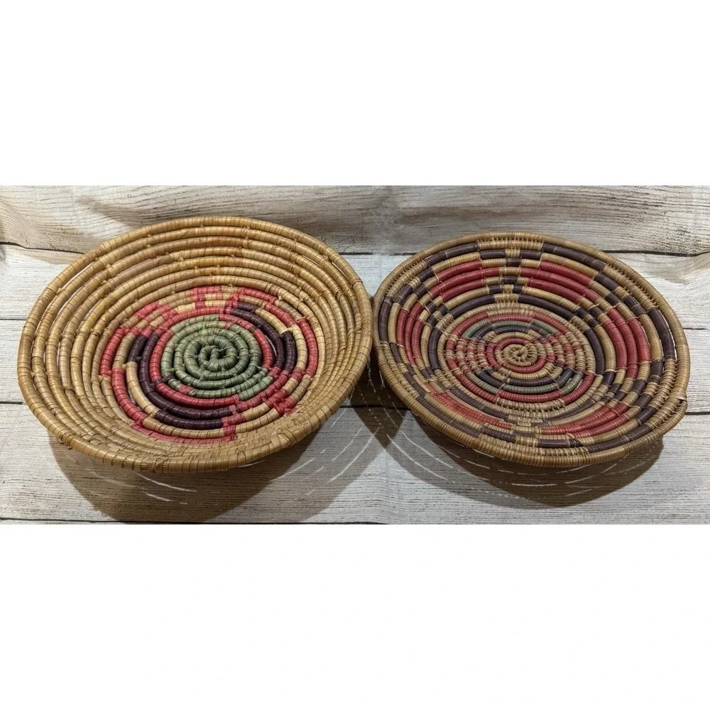 Lot of 2 Handwoven Coiled Basket Bowl Wall Decor BOHO Southwest